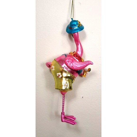 December Diamonds Pink Flamingo Glass Ornament 6" Christmas w/ Drink 05-05090 - Picture 2 of 4